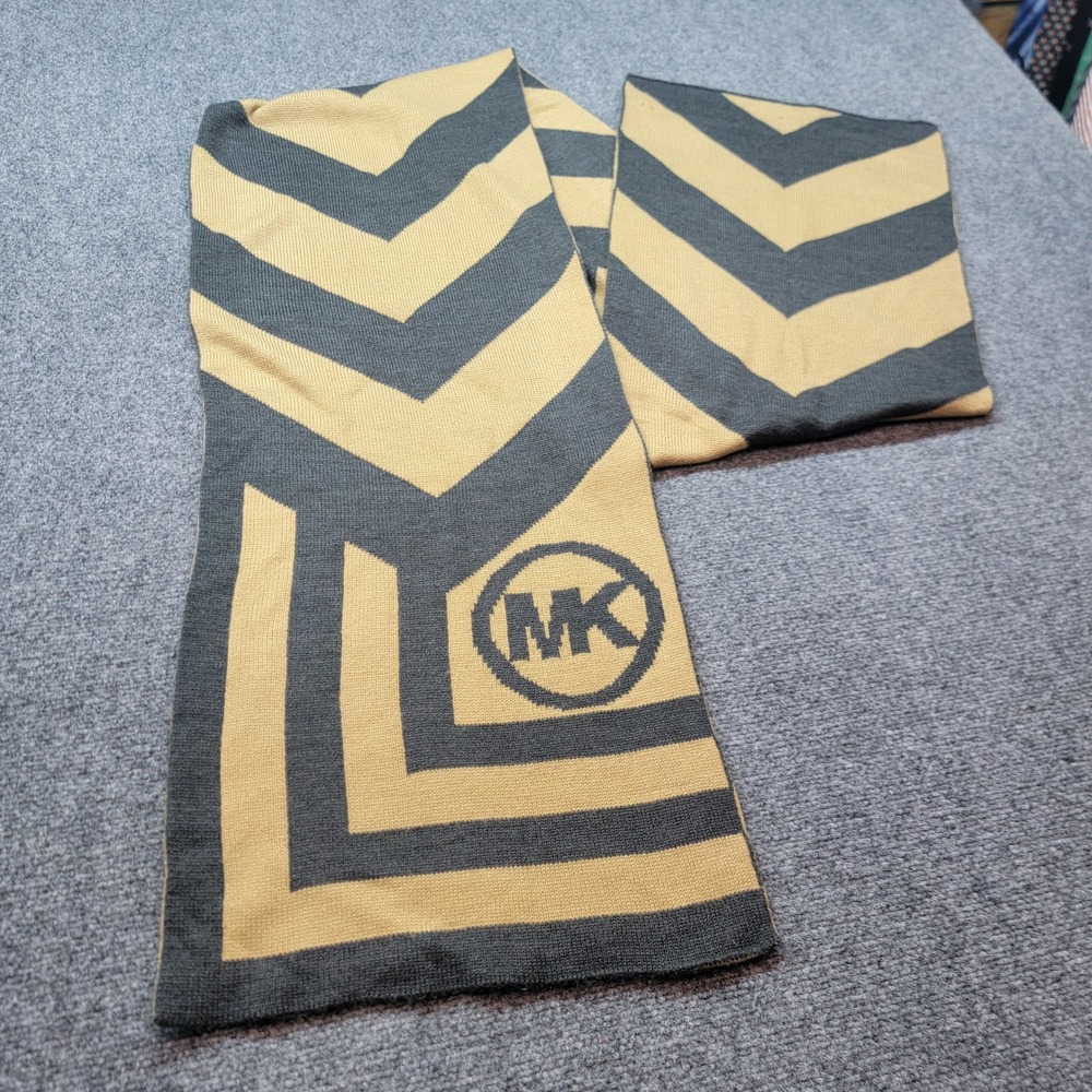 Michael Kors Scarf Mustard Yellow Charcoal Gray Chevron MK Logo Knit Acrylic